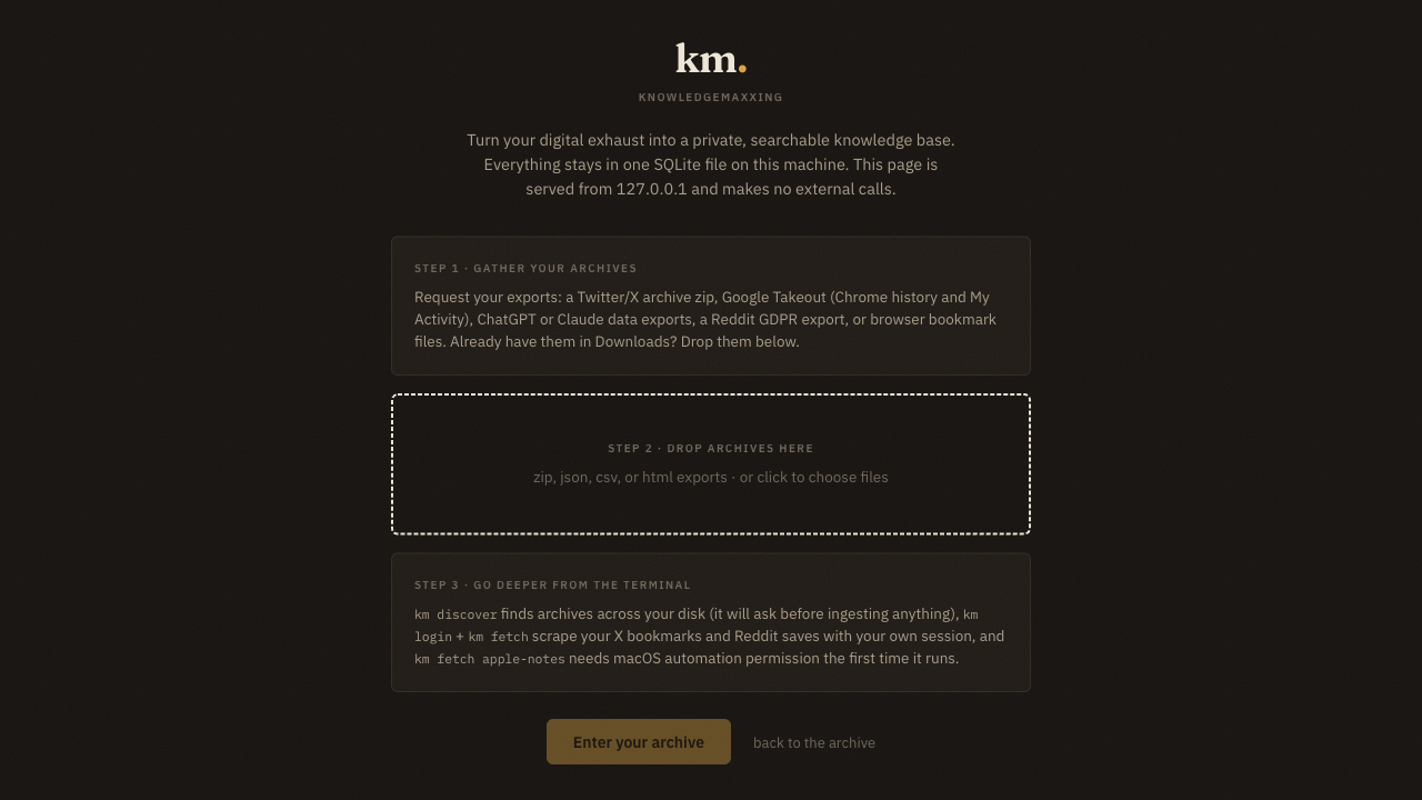 km onboarding: drag and drop your archive exports straight into the local web UI
